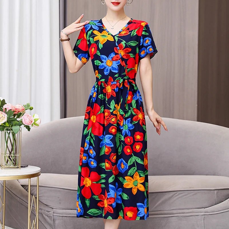 SaneShoppe - Summer women dresses casual V - neck print vintage short sleeve Ladies Clothing 2025 Womens Clothes Sundresses