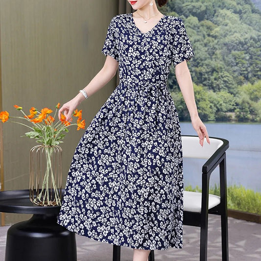 SaneShoppe-Vintage V-Neck Summer Dresses for Women - Casual Short Sleeve Sundresses