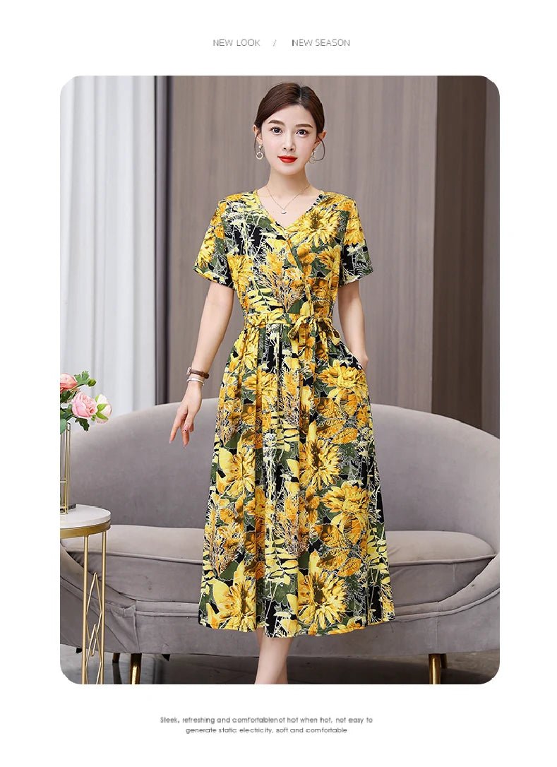 SaneShoppe - Summer women dresses casual V - neck print vintage short sleeve Ladies Clothing 2025 Womens Clothes Sundresses