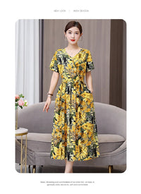 SaneShoppe - Summer women dresses casual V - neck print vintage short sleeve Ladies Clothing 2025 Womens Clothes Sundresses
