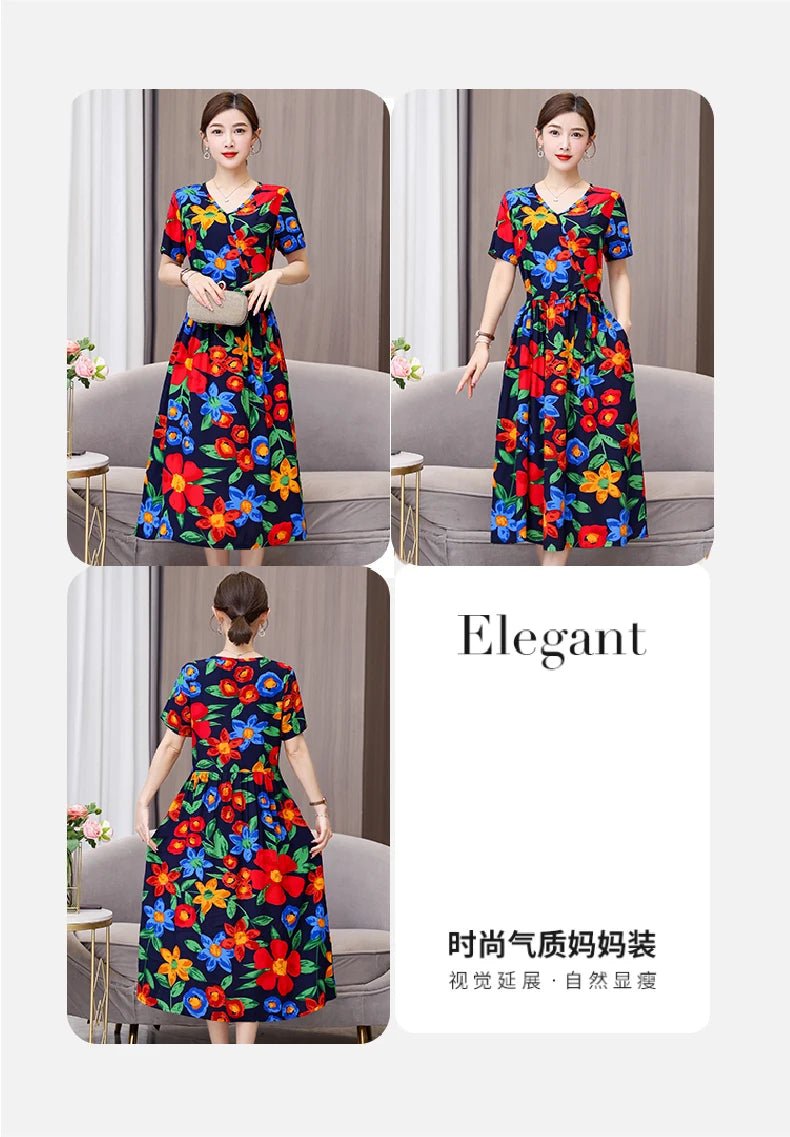 SaneShoppe - Summer women dresses casual V - neck print vintage short sleeve Ladies Clothing 2025 Womens Clothes Sundresses