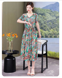 SaneShoppe - Summer women dresses casual V - neck print vintage short sleeve Ladies Clothing 2025 Womens Clothes Sundresses