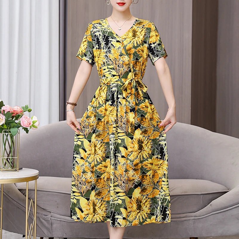 SaneShoppe - Summer women dresses casual V - neck print vintage short sleeve Ladies Clothing 2025 Womens Clothes Sundresses