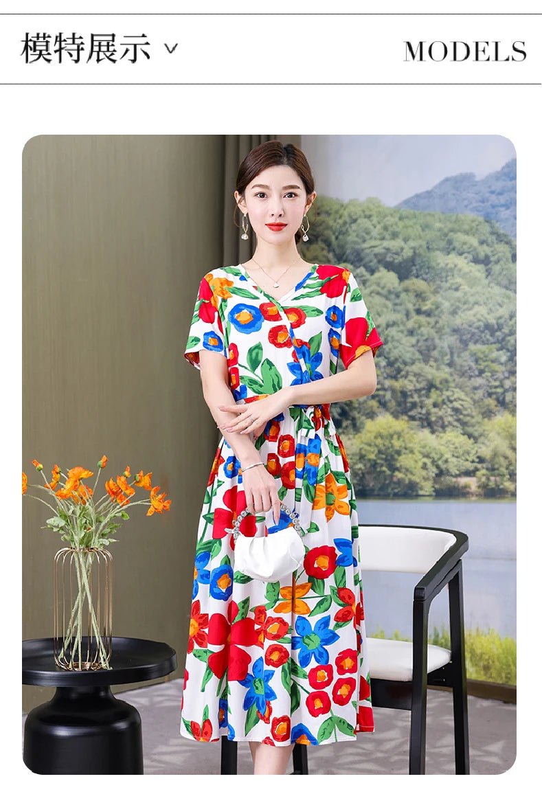 SaneShoppe - Summer women dresses casual V - neck print vintage short sleeve Ladies Clothing 2025 Womens Clothes Sundresses