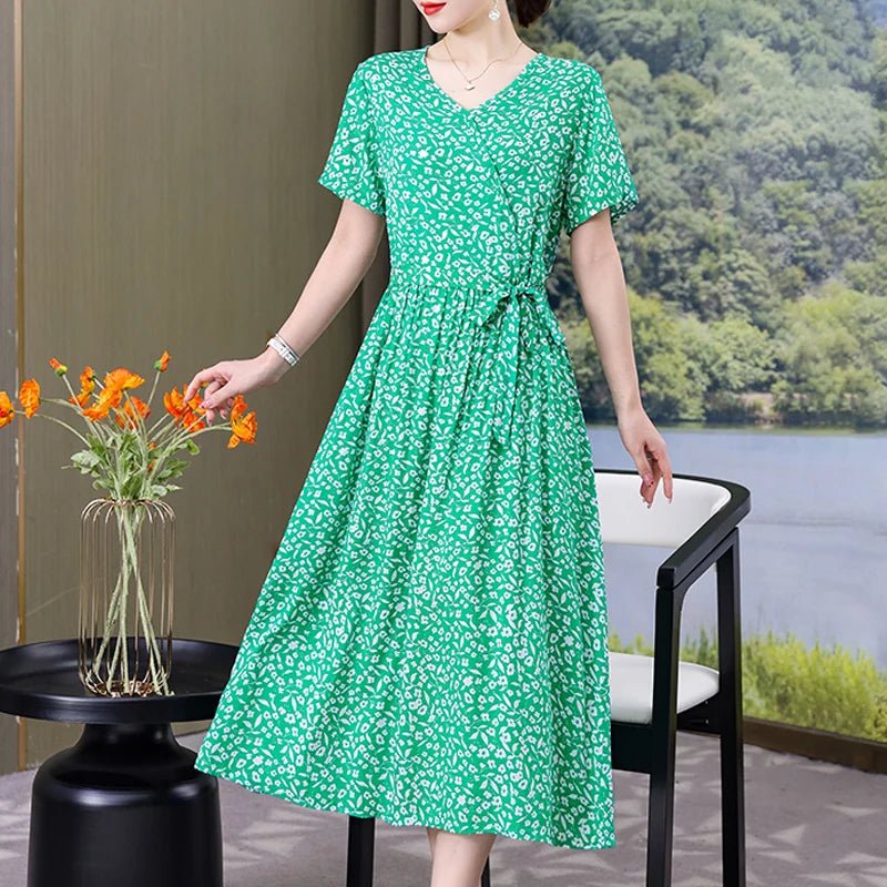 SaneShoppe - Summer women dresses casual V - neck print vintage short sleeve Ladies Clothing 2025 Womens Clothes Sundresses