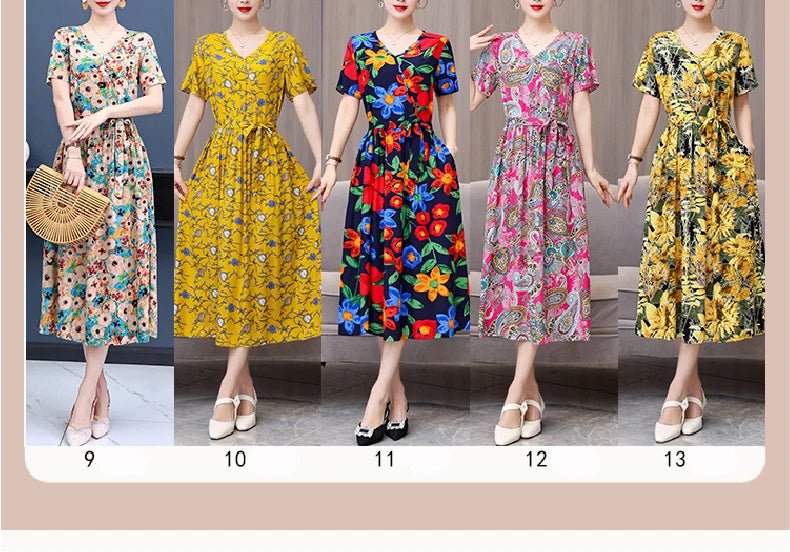 SaneShoppe - Summer women dresses casual V - neck print vintage short sleeve Ladies Clothing 2025 Womens Clothes Sundresses