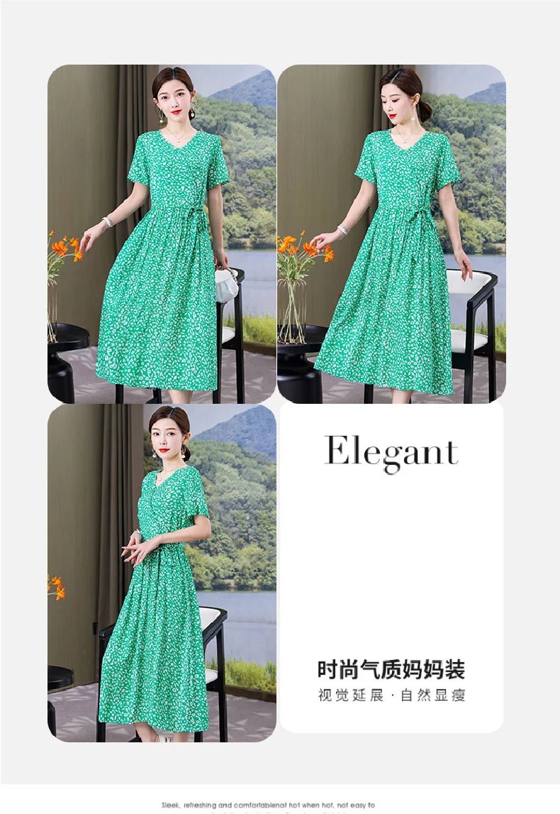 SaneShoppe - Summer women dresses casual V - neck print vintage short sleeve Ladies Clothing 2025 Womens Clothes Sundresses