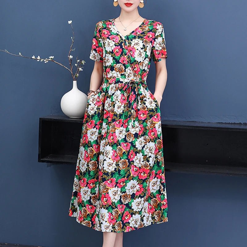 SaneShoppe - Summer women dresses casual V - neck print vintage short sleeve Ladies Clothing 2025 Womens Clothes Sundresses