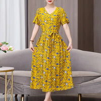 SaneShoppe - Summer women dresses casual V - neck print vintage short sleeve Ladies Clothing 2025 Womens Clothes Sundresses