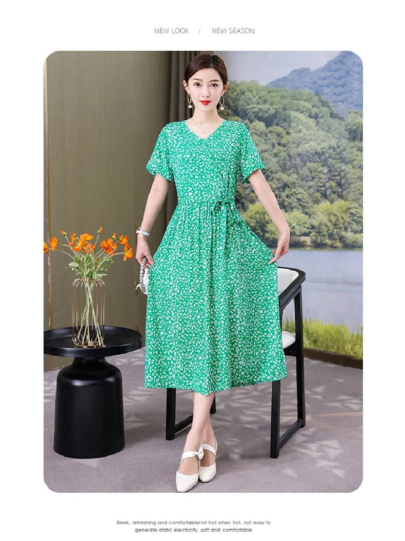 SaneShoppe - Summer women dresses casual V - neck print vintage short sleeve Ladies Clothing 2025 Womens Clothes Sundresses