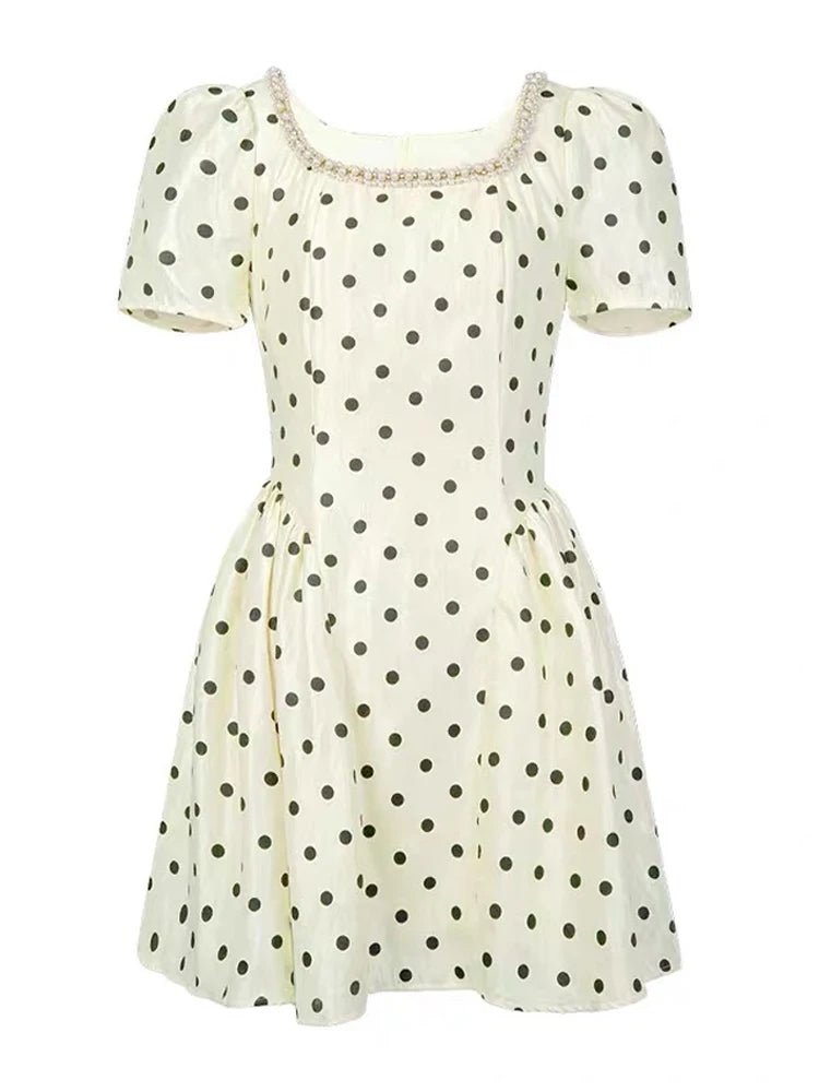 SaneShoppe - Summer Women Retro Polka Dot Mini Slim Fit Vestidos Elegant Pearl Square Neck Puff Sleeve A - Line Dress Prom Party Cocktail Lady