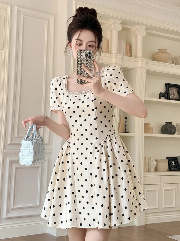 SaneShoppe - Summer Women Retro Polka Dot Mini Slim Fit Vestidos Elegant Pearl Square Neck Puff Sleeve A - Line Dress Prom Party Cocktail Lady