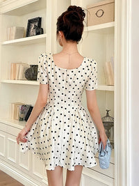 SaneShoppe - Summer Women Retro Polka Dot Mini Slim Fit Vestidos Elegant Pearl Square Neck Puff Sleeve A - Line Dress Prom Party Cocktail Lady