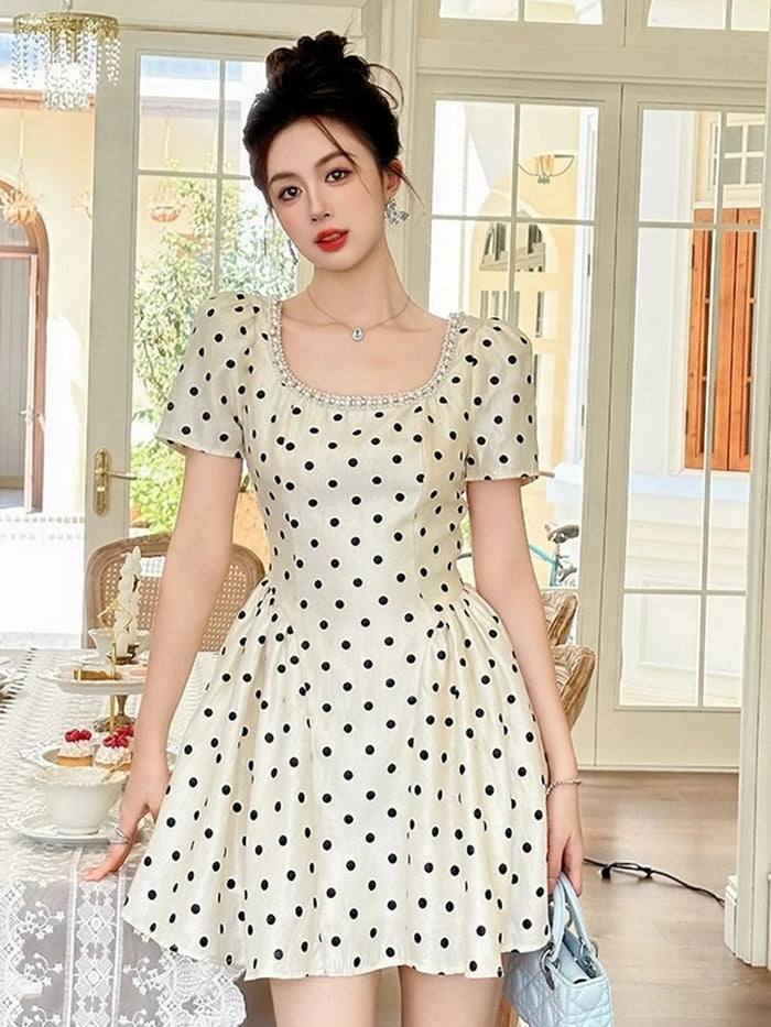 SaneShoppe - Summer Women Retro Polka Dot Mini Slim Fit Vestidos Elegant Pearl Square Neck Puff Sleeve A - Line Dress Prom Party Cocktail Lady