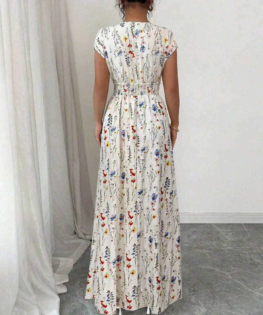 SaneShoppe - Summer Women's V - neck Dress Short - sleeved High - waisted Plant Print Simple Fashion Holiday Casual Long Dress for Female