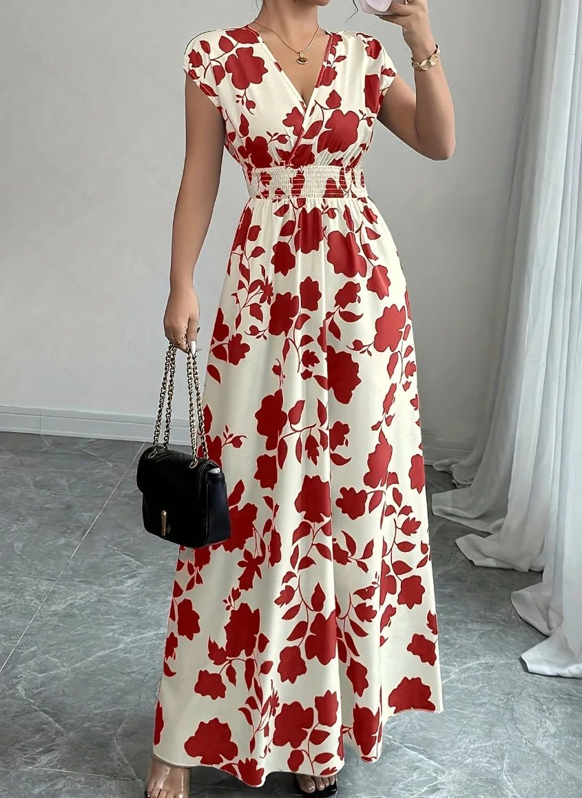 SaneShoppe - Summer Women's V - neck Dress Short - sleeved High - waisted Plant Print Simple Fashion Holiday Casual Long Dress for Female