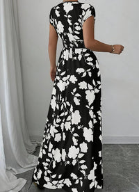 SaneShoppe - Summer Women's V - neck Dress Short - sleeved High - waisted Plant Print Simple Fashion Holiday Casual Long Dress for Female