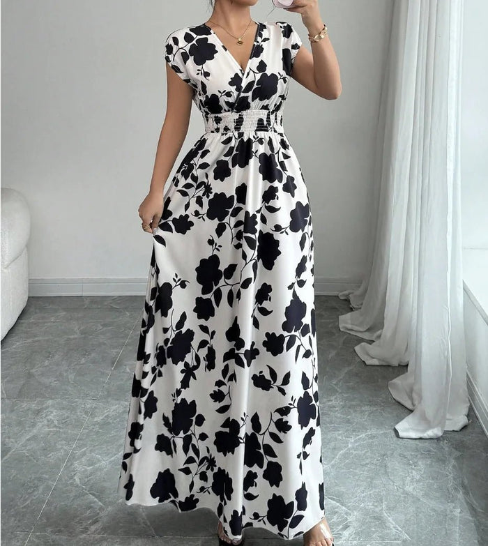 SaneShoppe - Summer Women's V - neck Dress Short - sleeved High - waisted Plant Print Simple Fashion Holiday Casual Long Dress for Female