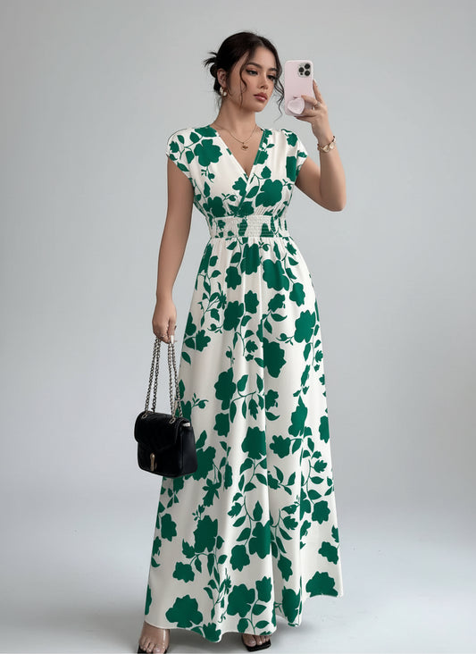 SaneShoppe - Summer Women's V - neck Dress Short - sleeved High - waisted Plant Print Simple Fashion Holiday Casual Long Dress for Female