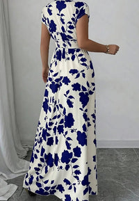 SaneShoppe - Summer Women's V - neck Dress Short - sleeved High - waisted Plant Print Simple Fashion Holiday Casual Long Dress for Female