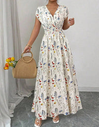 SaneShoppe - Summer Women's V - neck Dress Short - sleeved High - waisted Plant Print Simple Fashion Holiday Casual Long Dress for Female
