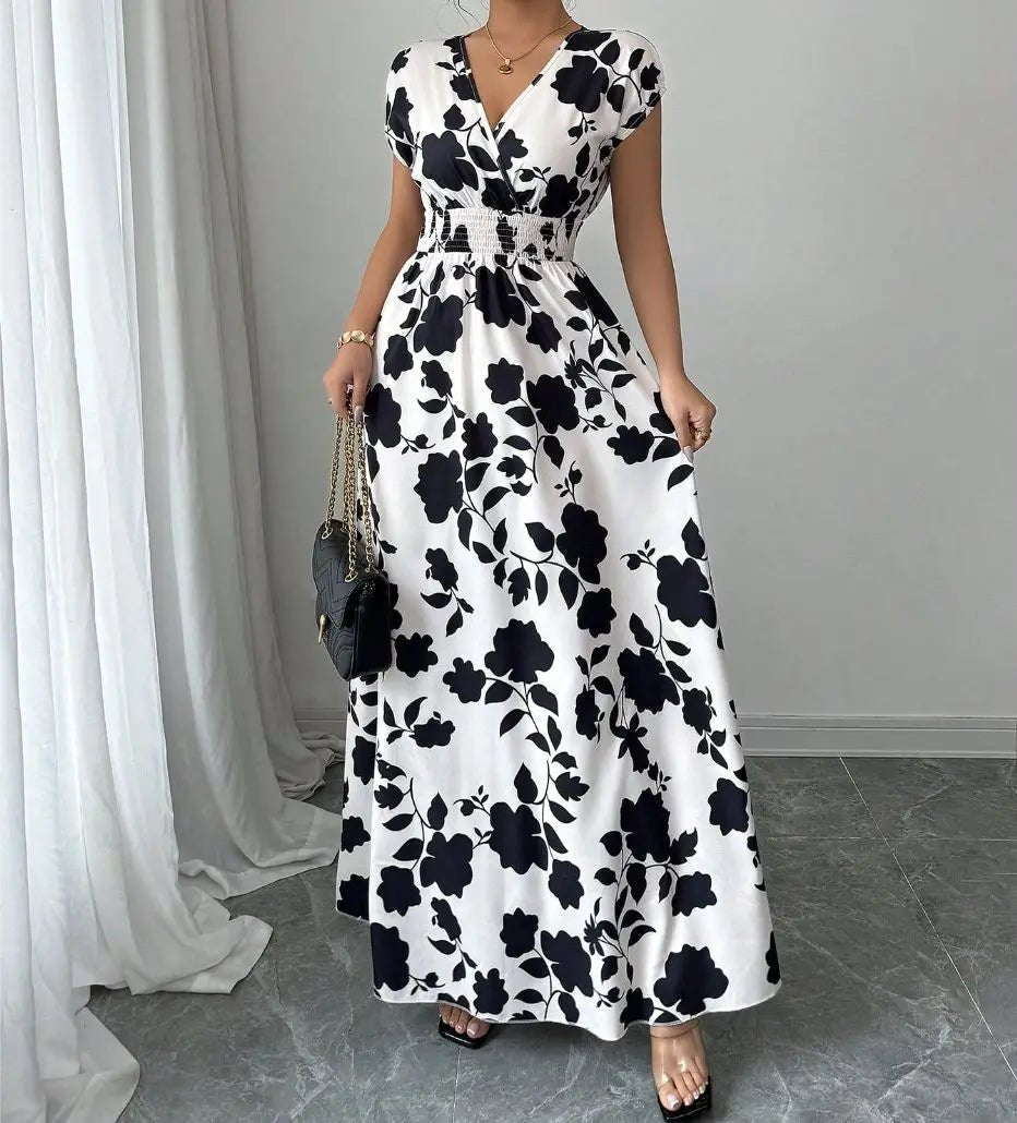 SaneShoppe - Summer Women's V - neck Dress Short - sleeved High - waisted Plant Print Simple Fashion Holiday Casual Long Dress for Female