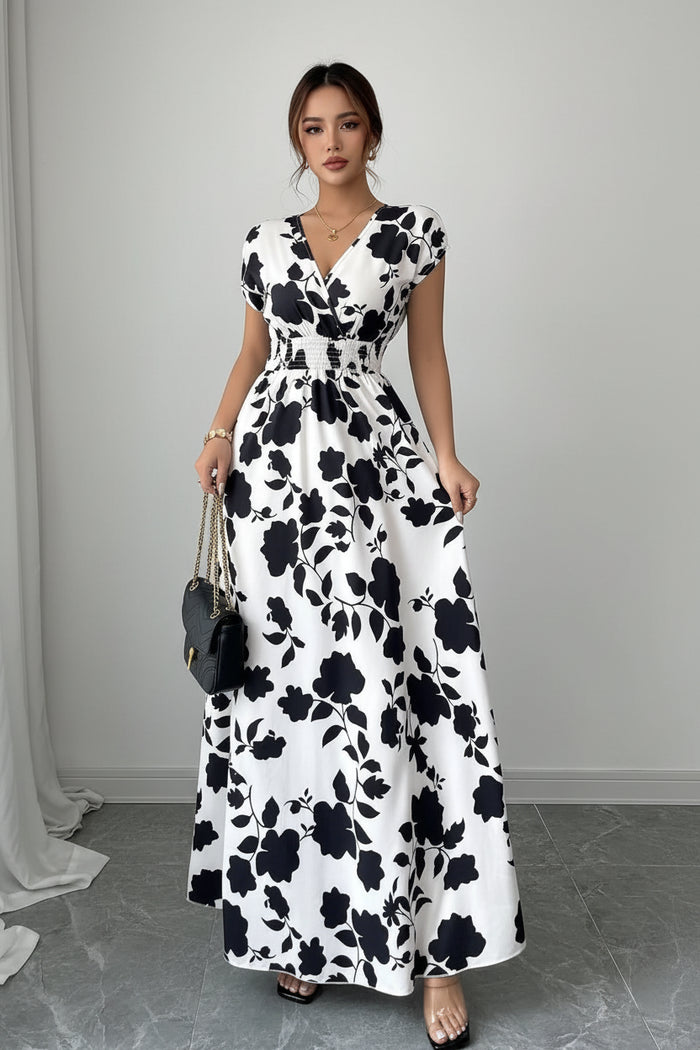 SaneShoppe - Summer Women's V - neck Dress Short - sleeved High - waisted Plant Print Simple Fashion Holiday Casual Long Dress for Female