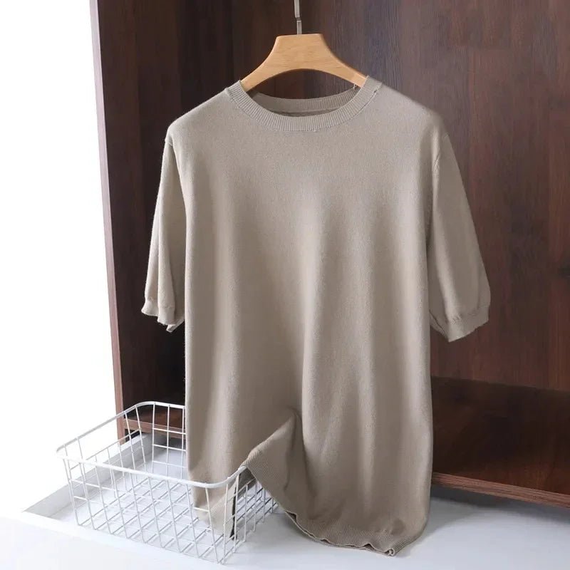 SaneShoppe - Superfine Merino Wool T Shirt Men's Knitted O - neck Breathable Thin Cashmer Short Sleeve Tee Solid Color Tops