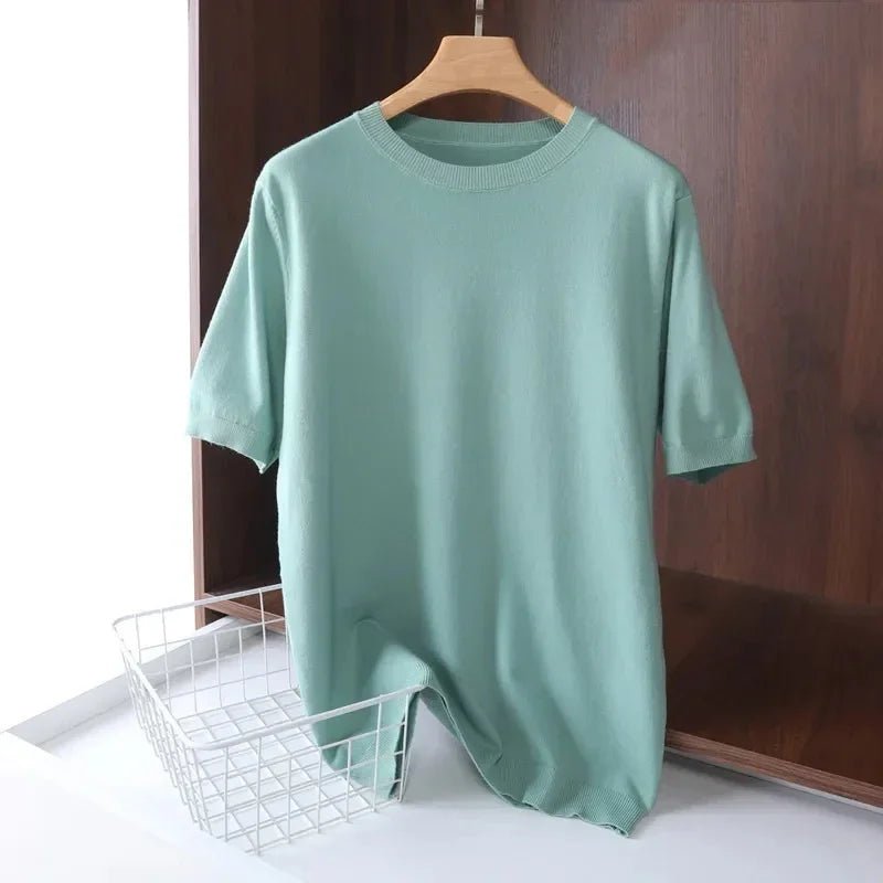 SaneShoppe - Superfine Merino Wool T Shirt Men's Knitted O - neck Breathable Thin Cashmer Short Sleeve Tee Solid Color Tops