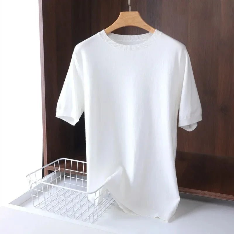 SaneShoppe - Superfine Merino Wool T Shirt Men's Knitted O - neck Breathable Thin Cashmer Short Sleeve Tee Solid Color Tops