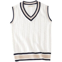 SaneShoppe - Sweater Vest Men Thicken V - neck Sleeveless Knitted Sweaters Vests Striped Retro Preppy - style Simple Chic Loose Casual All - match