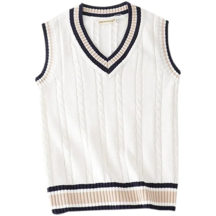 SaneShoppe - Sweater Vest Men Thicken V - neck Sleeveless Knitted Sweaters Vests Striped Retro Preppy - style Simple Chic Loose Casual All - match