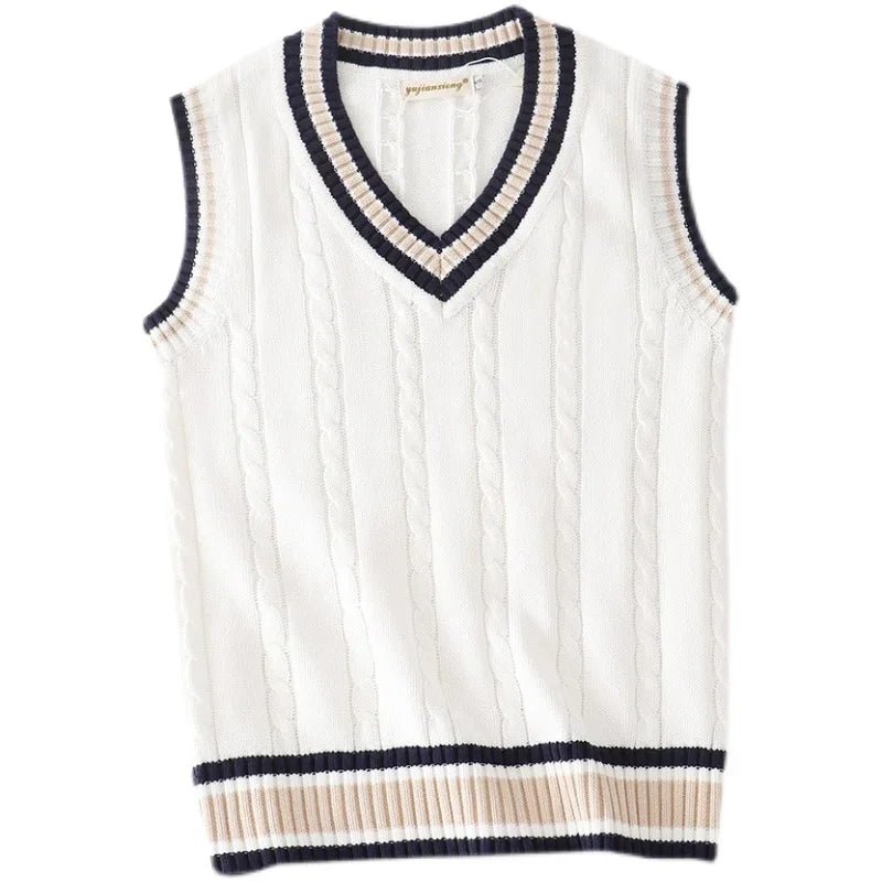 SaneShoppe - Sweater Vest Men Thicken V - neck Sleeveless Knitted Sweaters Vests Striped Retro Preppy - style Simple Chic Loose Casual All - match