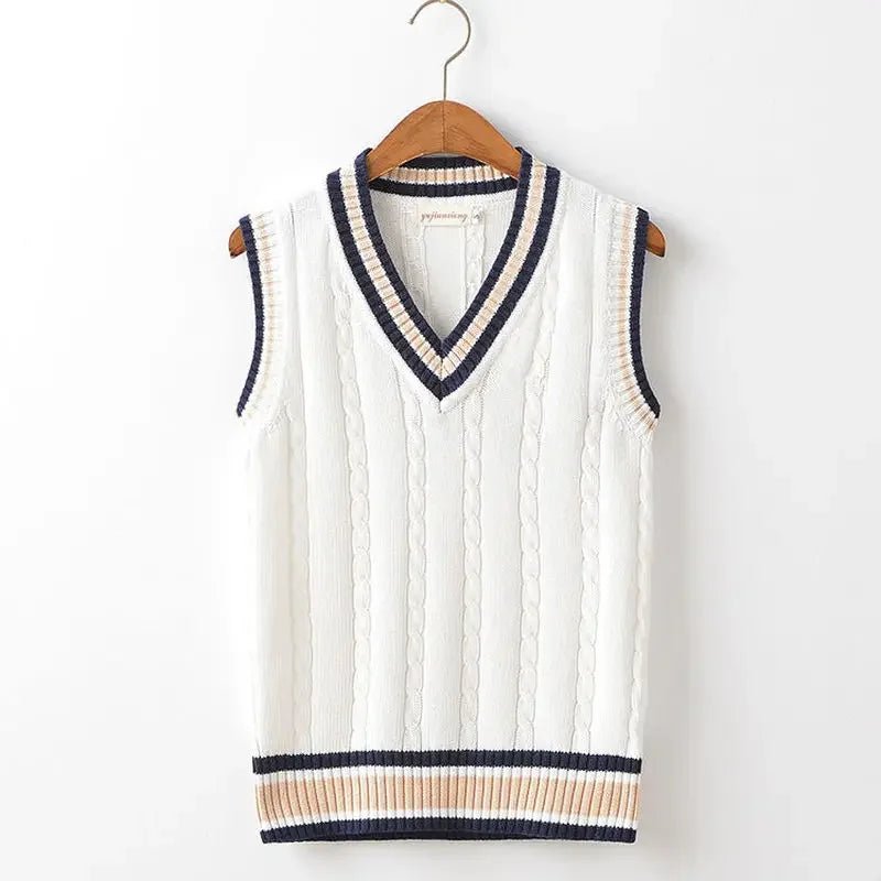 SaneShoppe - Sweater Vest Men Thicken V - neck Sleeveless Knitted Sweaters Vests Striped Retro Preppy - style Simple Chic Loose Casual All - match