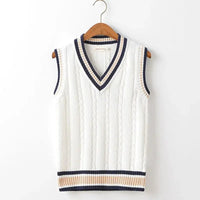 SaneShoppe - Sweater Vest Men Thicken V - neck Sleeveless Knitted Sweaters Vests Striped Retro Preppy - style Simple Chic Loose Casual All - match