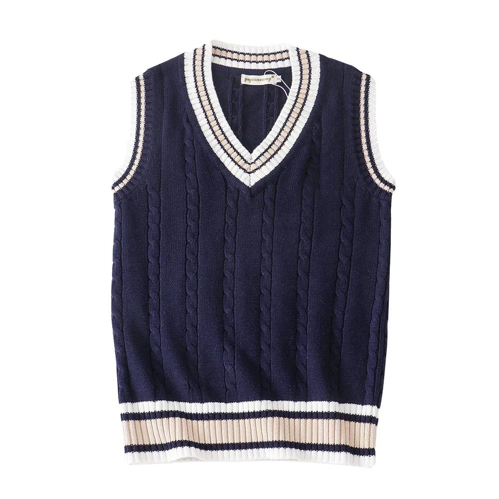 SaneShoppe - Sweater Vest Men Thicken V - neck Sleeveless Knitted Sweaters Vests Striped Retro Preppy - style Simple Chic Loose Casual All - match