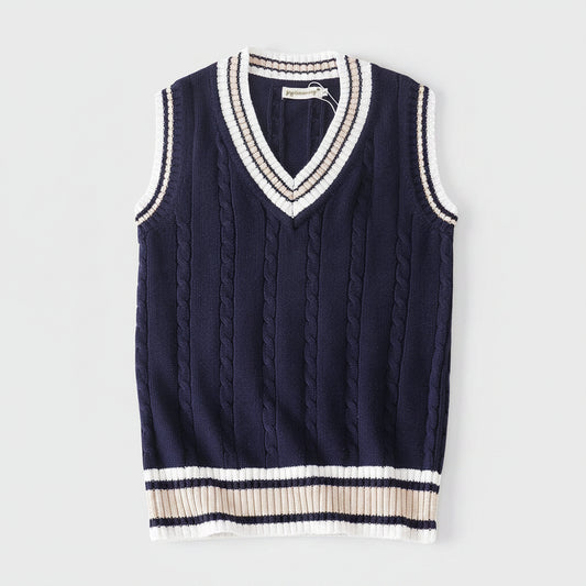 SaneShoppe - Sweater Vest Men Thicken V - neck Sleeveless Knitted Sweaters Vests Striped Retro Preppy - style Simple Chic Loose Casual All - match