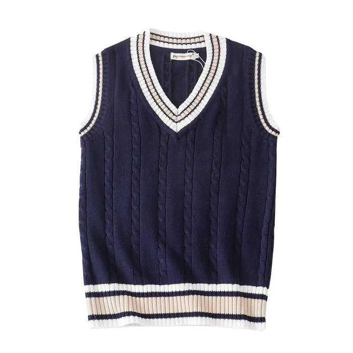 SaneShoppe - Sweater Vest Men Thicken V - neck Sleeveless Knitted Sweaters Vests Striped Retro Preppy - style Simple Chic Loose Casual All - match