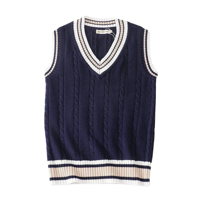 SaneShoppe - Sweater Vest Men Thicken V - neck Sleeveless Knitted Sweaters Vests Striped Retro Preppy - style Simple Chic Loose Casual All - match