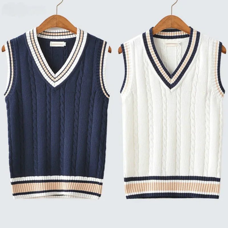 SaneShoppe - Sweater Vest Men Thicken V - neck Sleeveless Knitted Sweaters Vests Striped Retro Preppy - style Simple Chic Loose Casual All - match