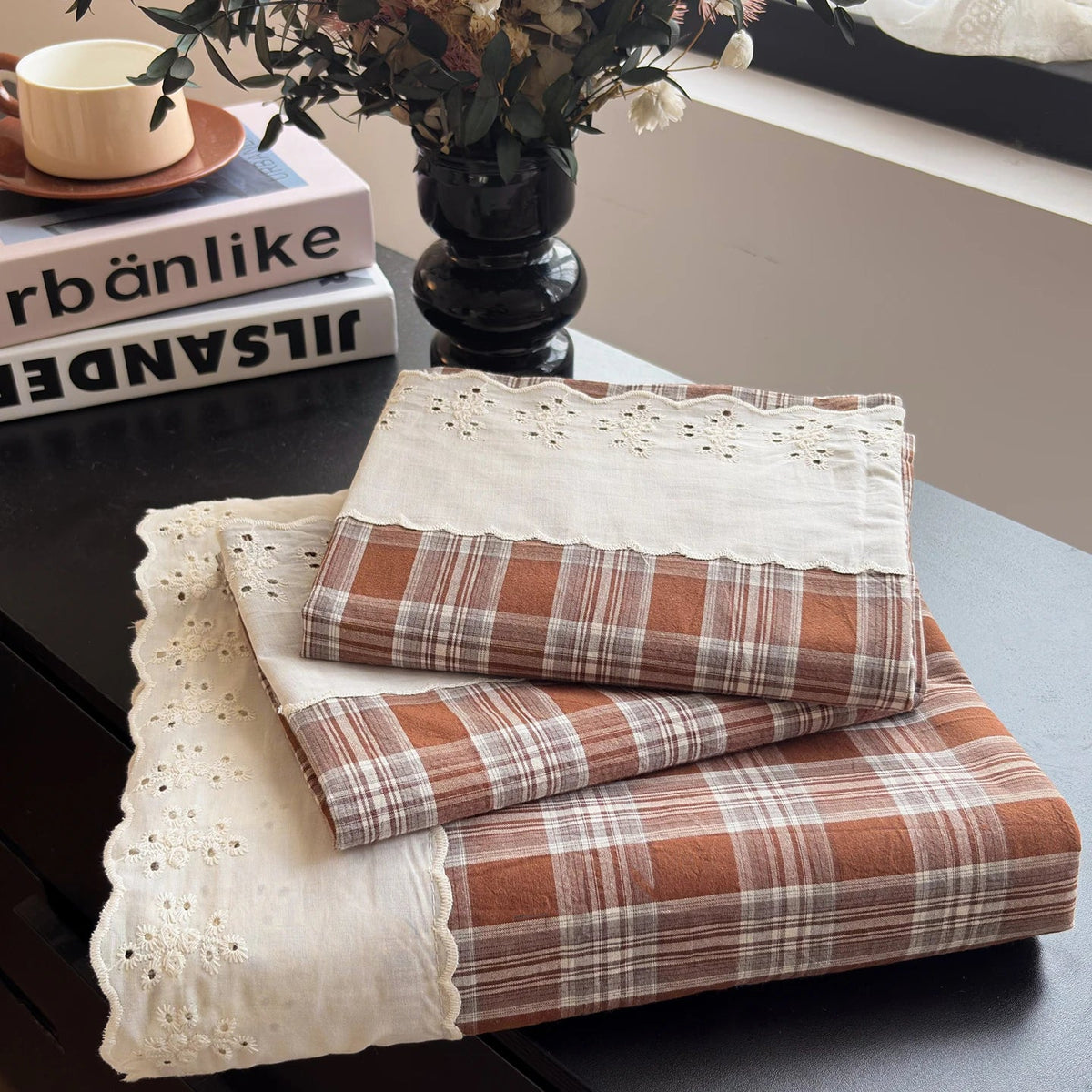 SaneShoppe - Sweet White Ruffles 100% Cotton Bed Sheet Set with Pillowcases Breathable Plaid Flat Sheet for Single Double Bed Cotton Sheets