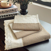 SaneShoppe - Sweet White Ruffles 100% Cotton Bed Sheet Set with Pillowcases Breathable Plaid Flat Sheet for Single Double Bed Cotton Sheets