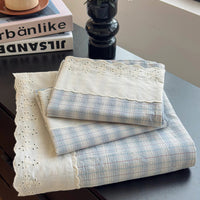 SaneShoppe - Sweet White Ruffles 100% Cotton Bed Sheet Set with Pillowcases Breathable Plaid Flat Sheet for Single Double Bed Cotton Sheets