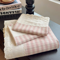 SaneShoppe - Sweet White Ruffles 100% Cotton Bed Sheet Set with Pillowcases Breathable Plaid Flat Sheet for Single Double Bed Cotton Sheets