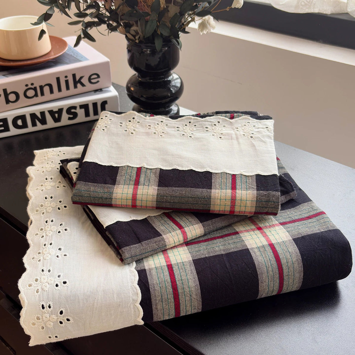 SaneShoppe - Sweet White Ruffles 100% Cotton Bed Sheet Set with Pillowcases Breathable Plaid Flat Sheet for Single Double Bed Cotton Sheets