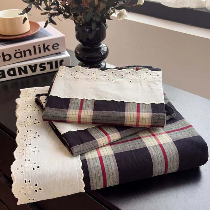 SaneShoppe - Sweet White Ruffles 100% Cotton Bed Sheet Set with Pillowcases Breathable Plaid Flat Sheet for Single Double Bed Cotton Sheets