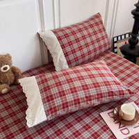 SaneShoppe - Sweet White Ruffles 100% Cotton Bed Sheet Set with Pillowcases Breathable Plaid Flat Sheet for Single Double Bed Cotton Sheets