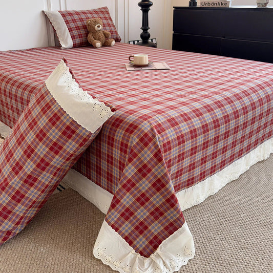 SaneShoppe - Sweet White Ruffles 100% Cotton Bed Sheet Set with Pillowcases Breathable Plaid Flat Sheet for Single Double Bed Cotton Sheets