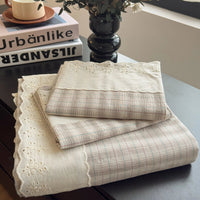 SaneShoppe - Sweet White Ruffles 100% Cotton Bed Sheet Set with Pillowcases Breathable Plaid Flat Sheet for Single Double Bed Cotton Sheets