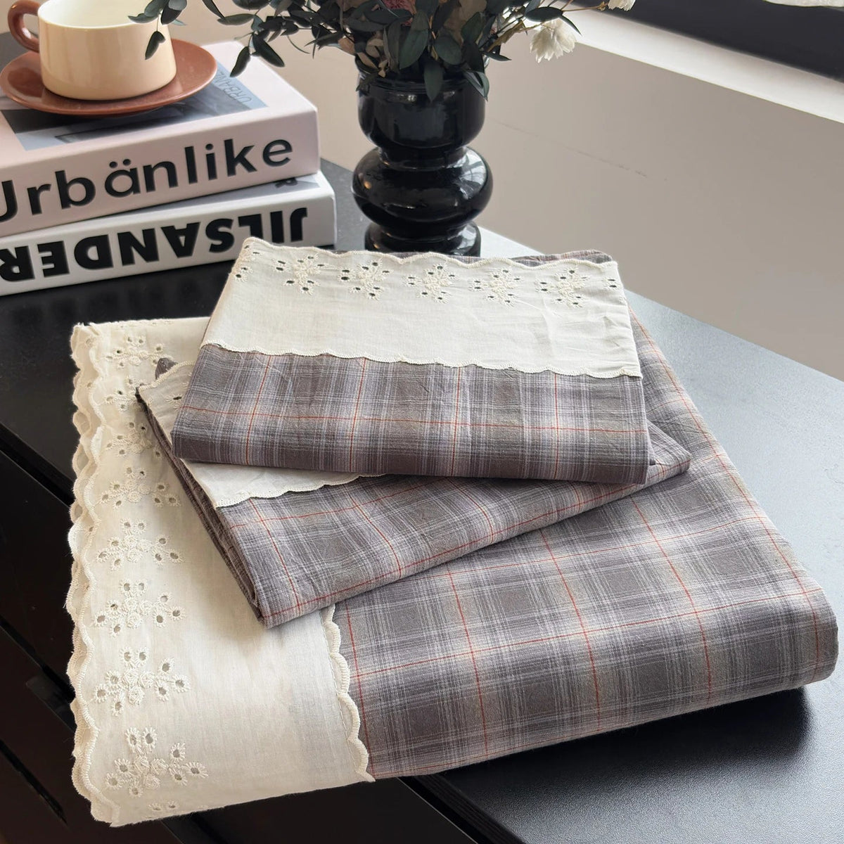 SaneShoppe - Sweet White Ruffles 100% Cotton Bed Sheet Set with Pillowcases Breathable Plaid Flat Sheet for Single Double Bed Cotton Sheets